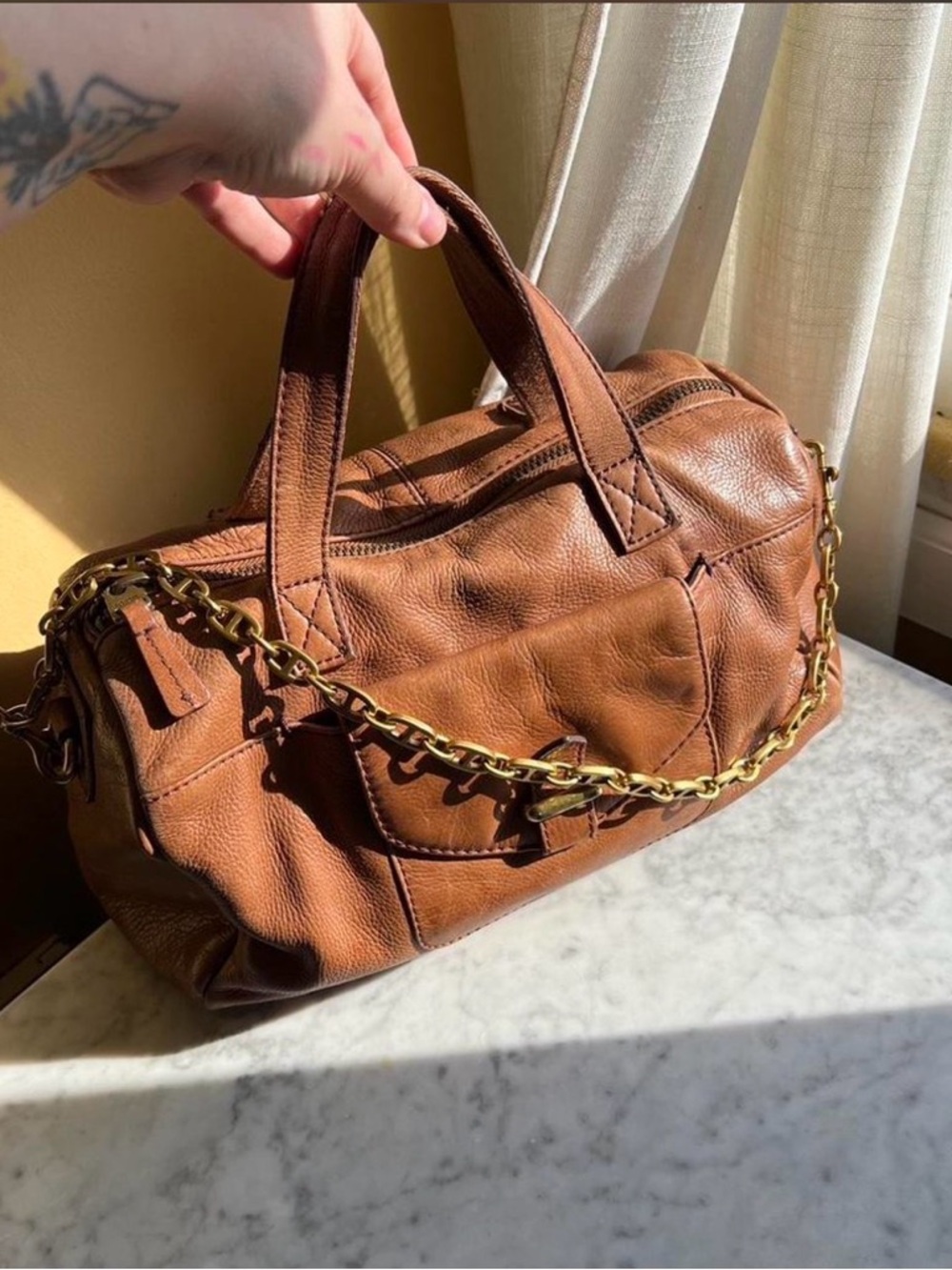 Fossil Camel Long Live Vintage Leather Satchel with Gold Hardware